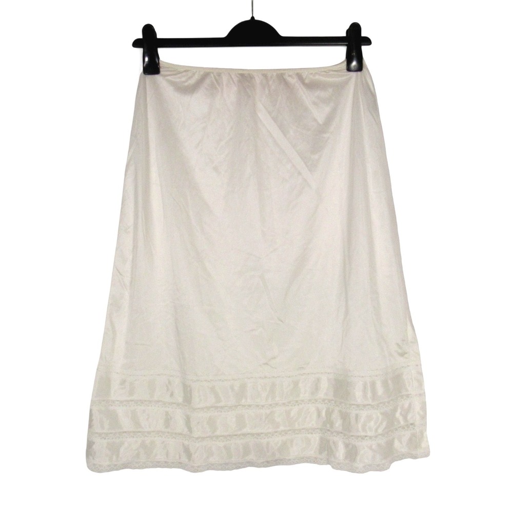 VTG SEARS Nylon ANTI-CLING White EYELET LACE DETAIL A-Line HALF SLIP Sz L